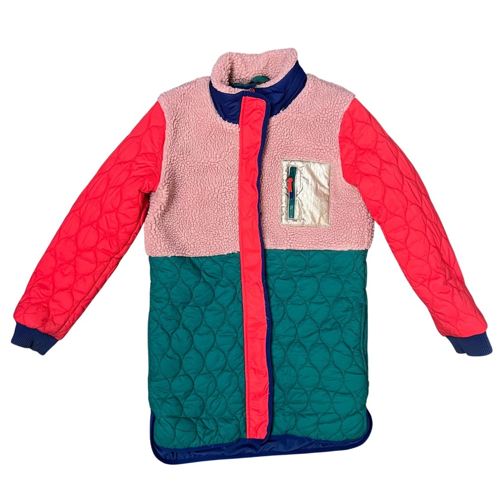 Mini Boden Colorblock Quilted Fleece Lined‎ Jacket Girls 11 12 Y Pink Teal Red